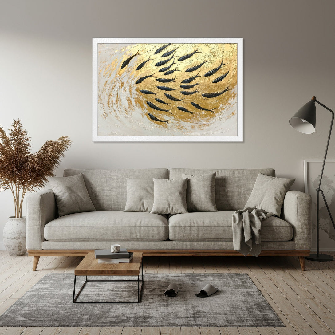 Framed Poster of a school of fish in gold and black. Abstract art style with a neutral color palette. Perfect wall decor.