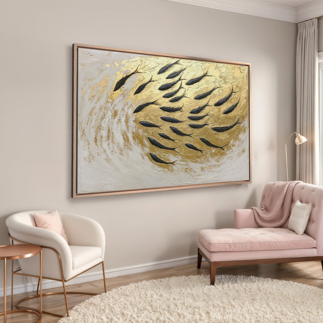 Framed Wall Art featuring a school of black fish on a gold and white abstract background. Modern art with a neutral and gold color palette.