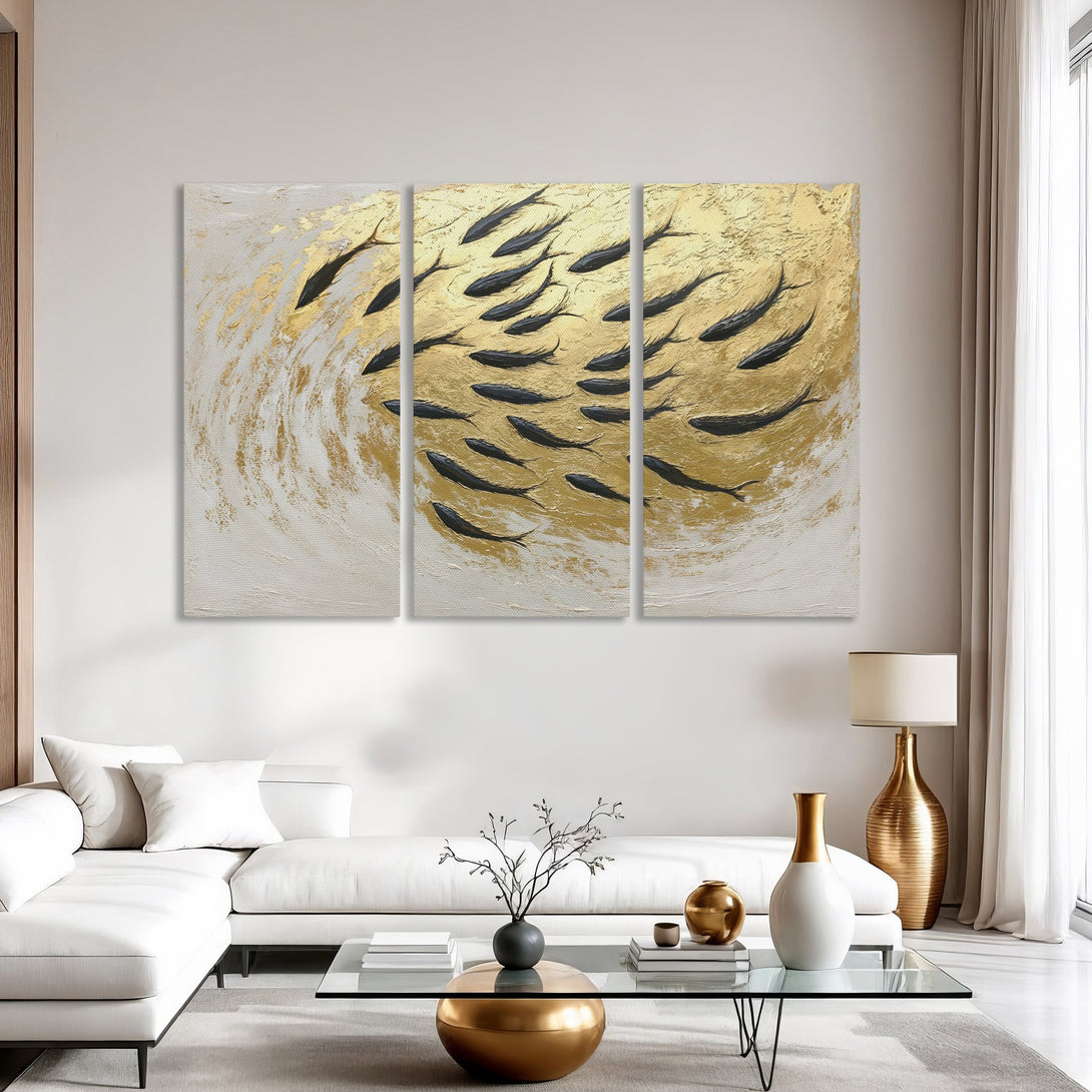 Canvas Print of abstract fish art in gold and black, perfect for modern interior decor.