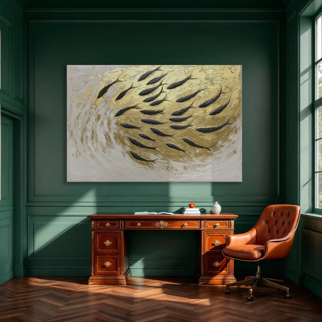 Framed Wall Art: Abstract fish painting in gold, black, and white. Modern art canvas print for elegant home decor.