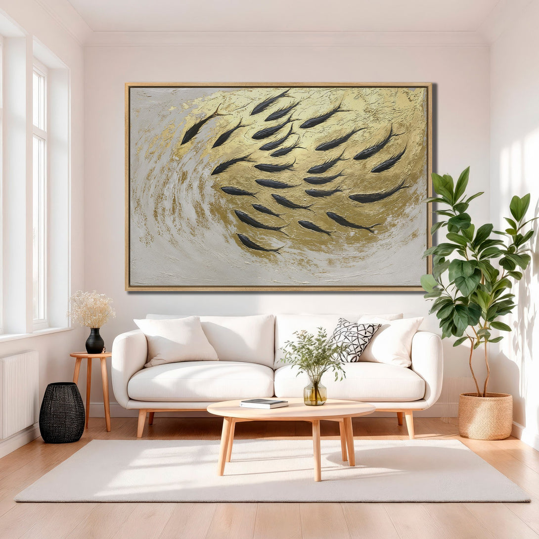 Framed Wall Art featuring a school of black fish on a gold and white abstract background. Modern, elegant decor for any space.