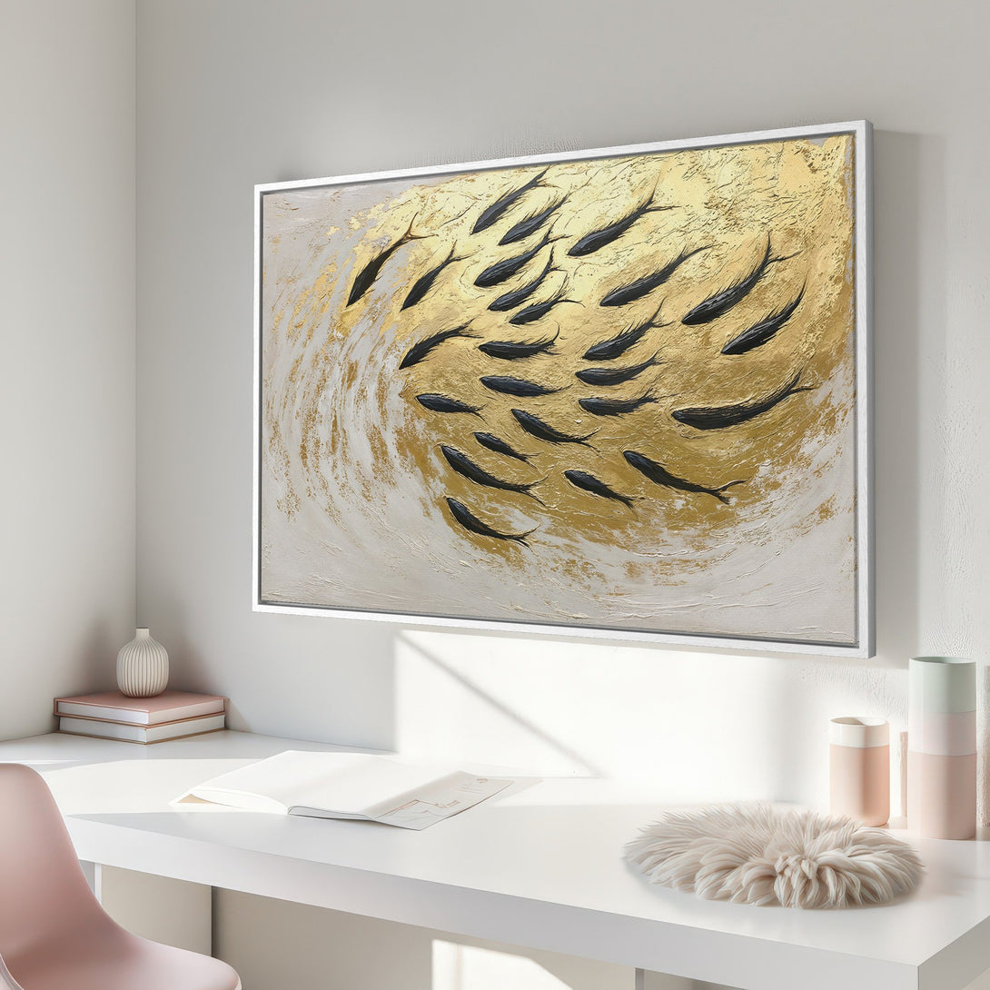 Framed Wall Art: Abstract fish painting in gold and black, modern style. Adds elegance to any space. Neutral color palette.