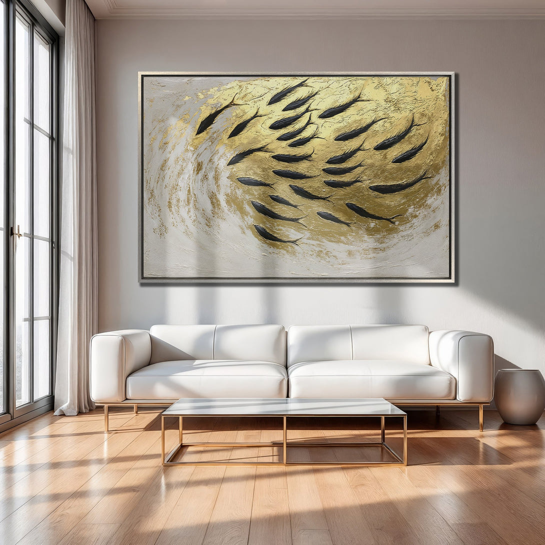 Framed Wall Art: Abstract fish painting in gold and black. Modern decor with neutral color palette. Perfect for living room or bedroom.