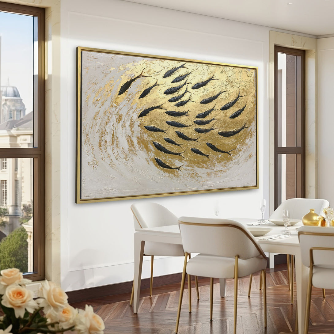 Canvas Print of abstract fish art in gold and black, displayed in a luxurious green interior. Modern wall decor for any space.