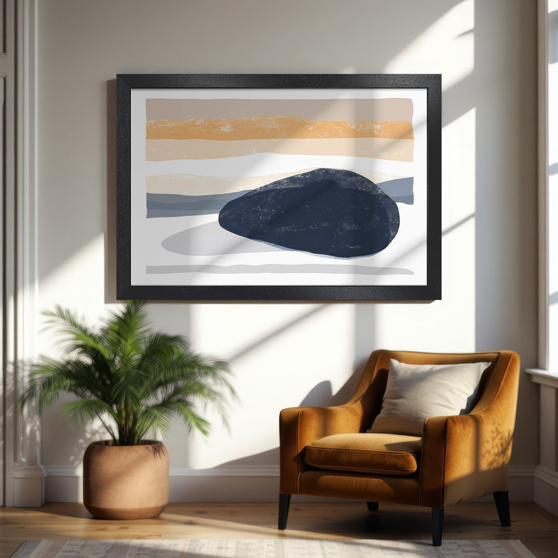 Framed Poster featuring abstract art in a minimalist style with a muted color palette of blues, beige, and gold. Perfect for modern decor.