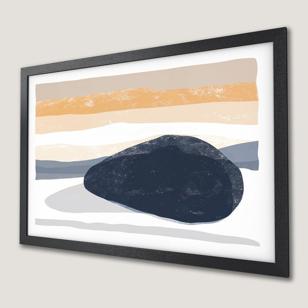 Framed Poster: Abstract art print with a dark blue rock shape and warm neutral color palette. Modern wall decor.