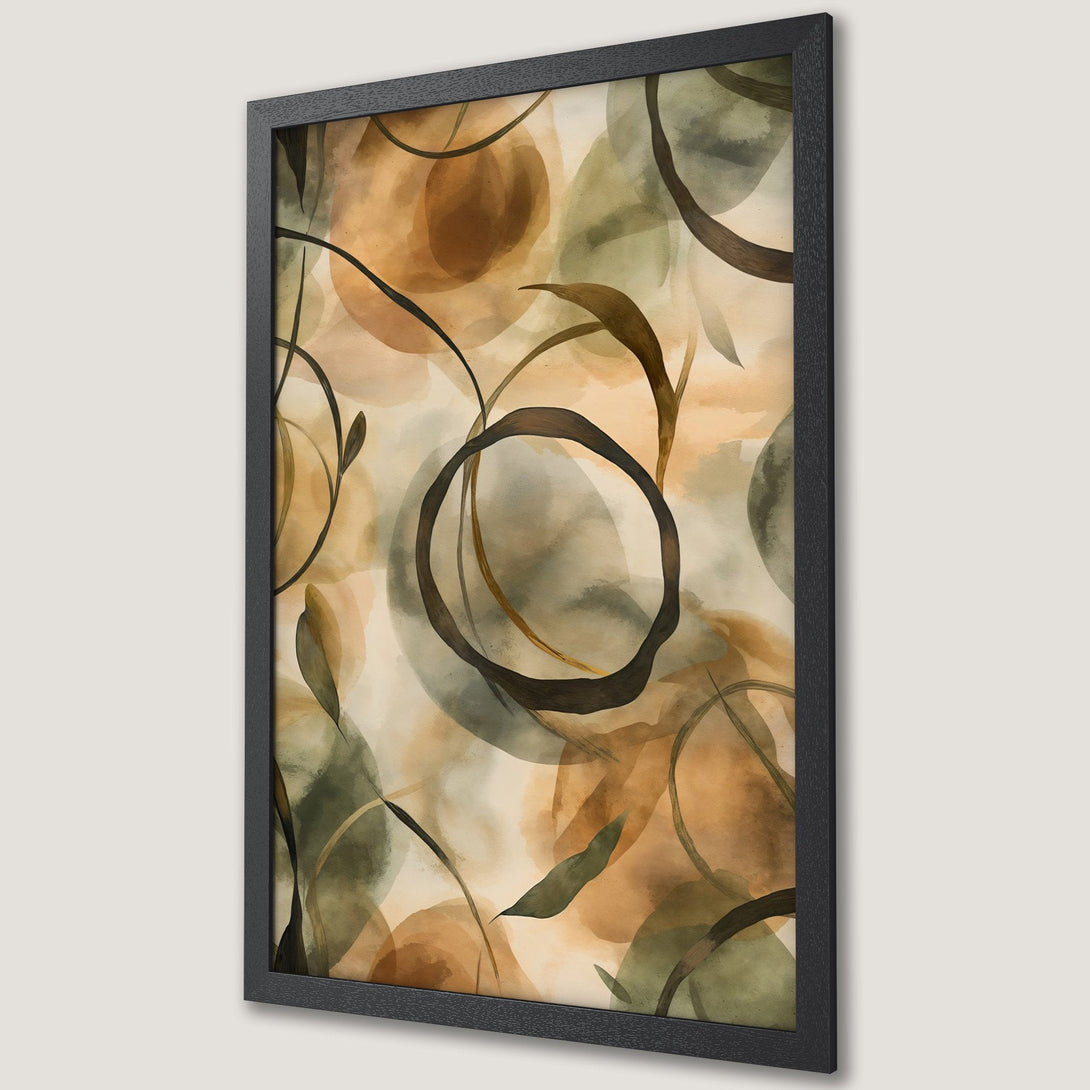 Framed Poster featuring abstract watercolor art with earthy tones of brown, green, and beige. Modern wall decor for any space.