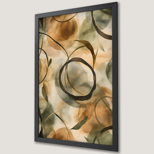 Framed Poster featuring abstract watercolor art with earthy tones of brown, green, and beige. Modern wall decor for any space.
