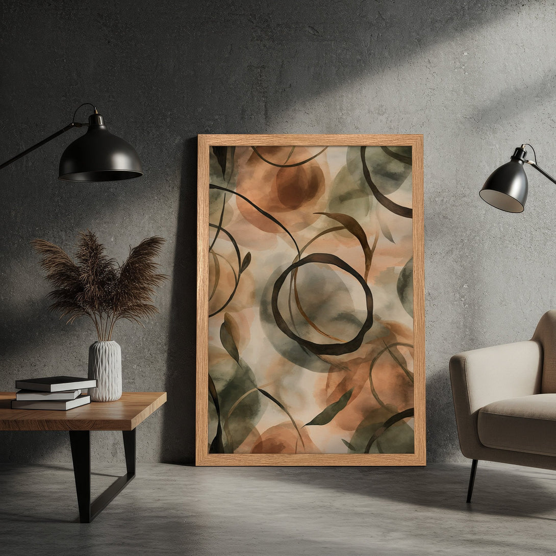 Framed Poster with abstract watercolor design in earthy tones. Modern art print for home decor.