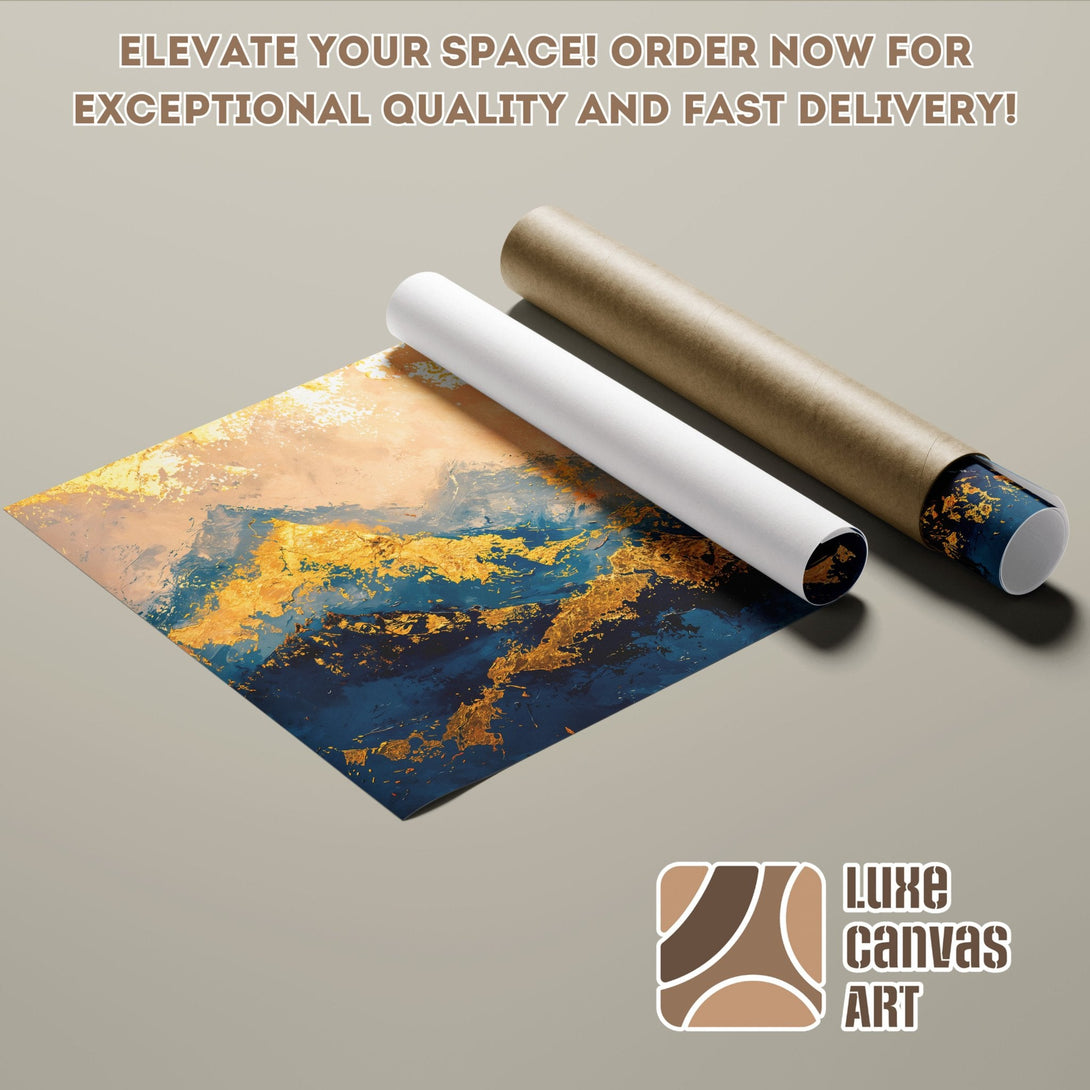 Abstract art Poster Roll in blue, gold, and beige tones. Elevate your space!