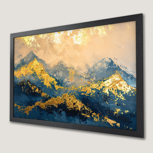 Framed Poster featuring abstract mountains in gold, blue, and beige. Modern art for your home decor.