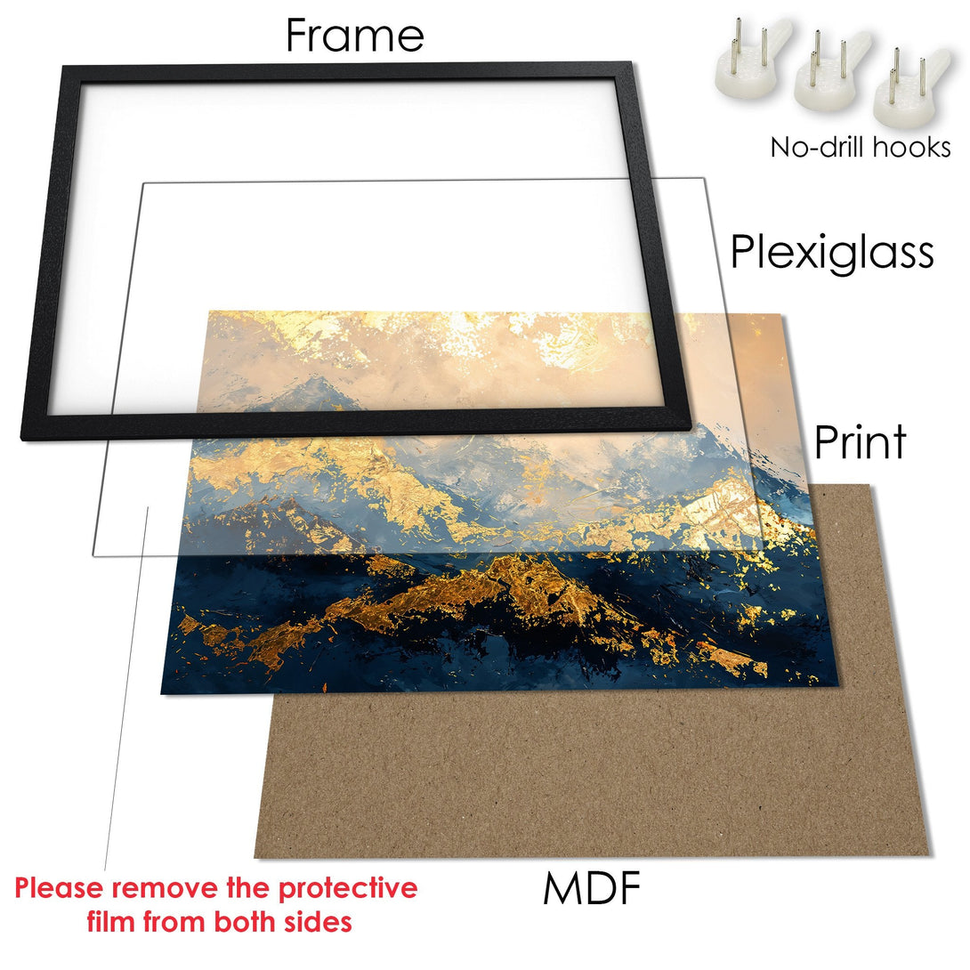 Framed Poster of abstract mountain art in blue, gold, and beige tones. Ready to hang with included hardware.