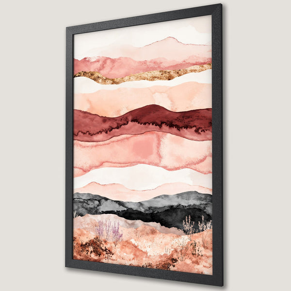 Framed Poster featuring abstract watercolor landscape art in a warm, earthy color palette with pinks, reds, and gold accents.
