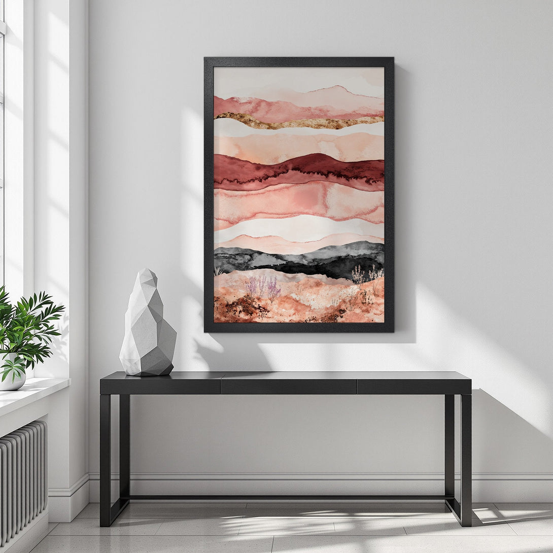 Framed Poster featuring abstract watercolor landscape art in warm, earthy tones. Perfect wall decor for a modern, stylish home.