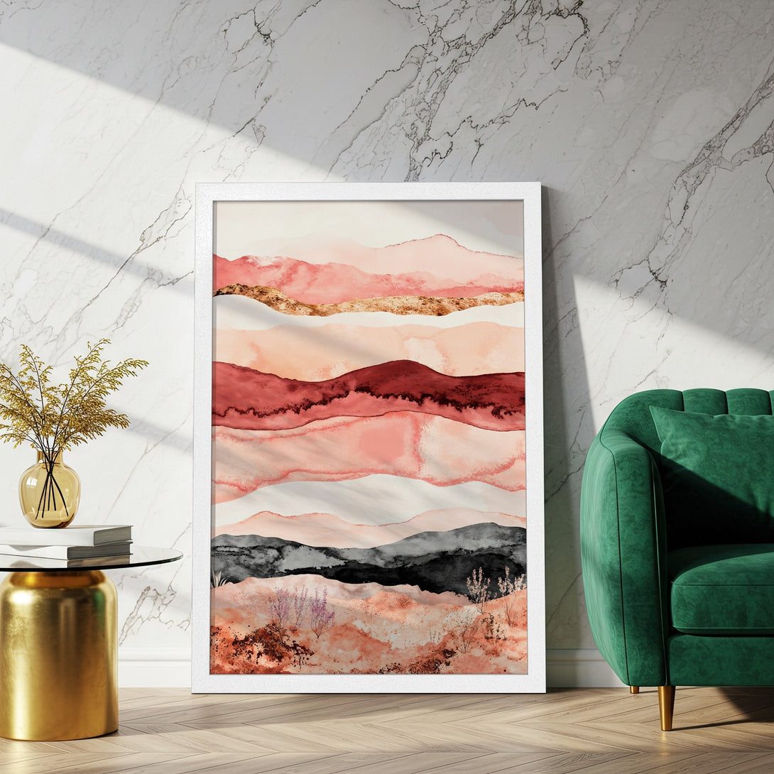 Framed Poster featuring an abstract landscape in watercolor style with a warm, earthy color palette of pinks, reds, and gold. Perfect wall art!