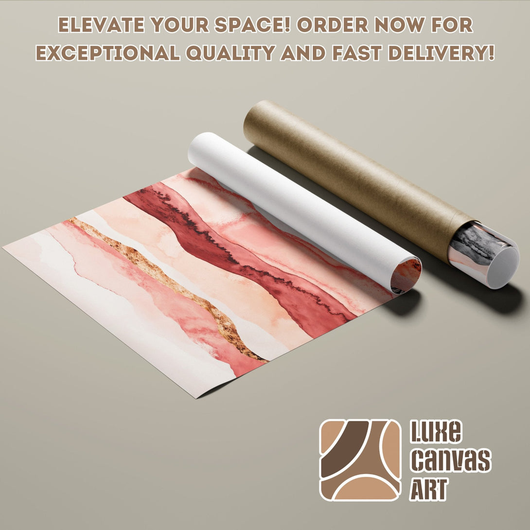 Abstract art poster roll with watercolor style, featuring a warm pink and gold color palette. Elevate your space!