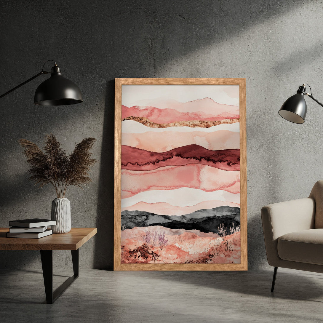 Framed Poster featuring abstract watercolor landscape art in a warm, earthy color palette. Perfect for modern home decor.