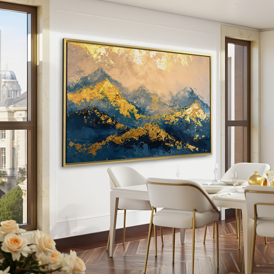 Abstract mountain Canvas Print in gold, navy, and beige tones. Modern art for home decor. Enhance your space with this stunning wall art.