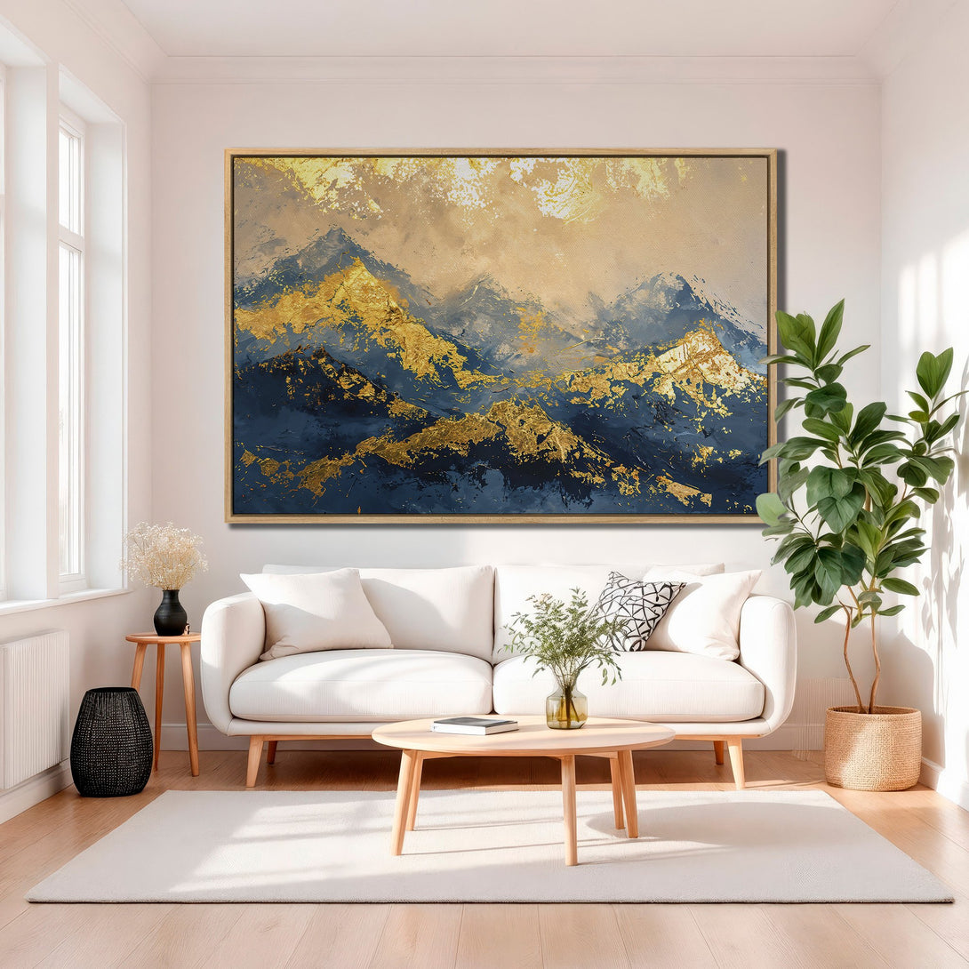Framed Wall Art: Abstract mountain landscape Canvas Print with gold, blue, and beige tones. Modern art for living room decor.
