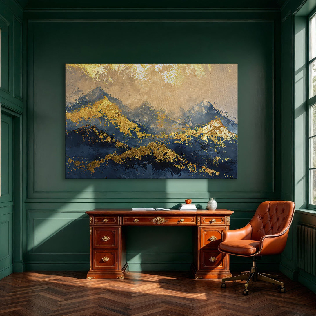 Framed Wall Art: Abstract mountain landscape in gold and navy blue, adding a touch of luxury to any dining room.