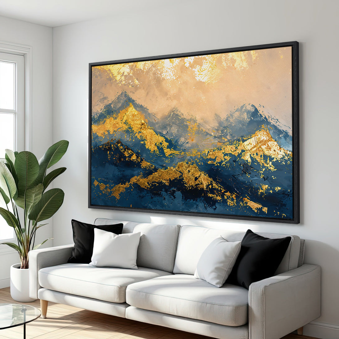Framed Wall Art: Abstract mountain landscape Canvas Print in gold, navy, & beige. Modern art for living room decor.