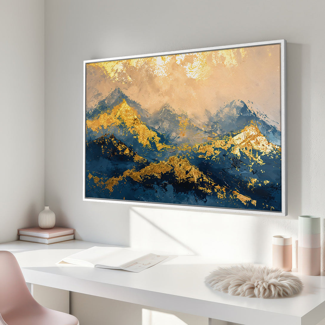 Framed Wall Art: Abstract mountain landscape Canvas Print in gold, blue, and beige. Modern artwork for home decor.