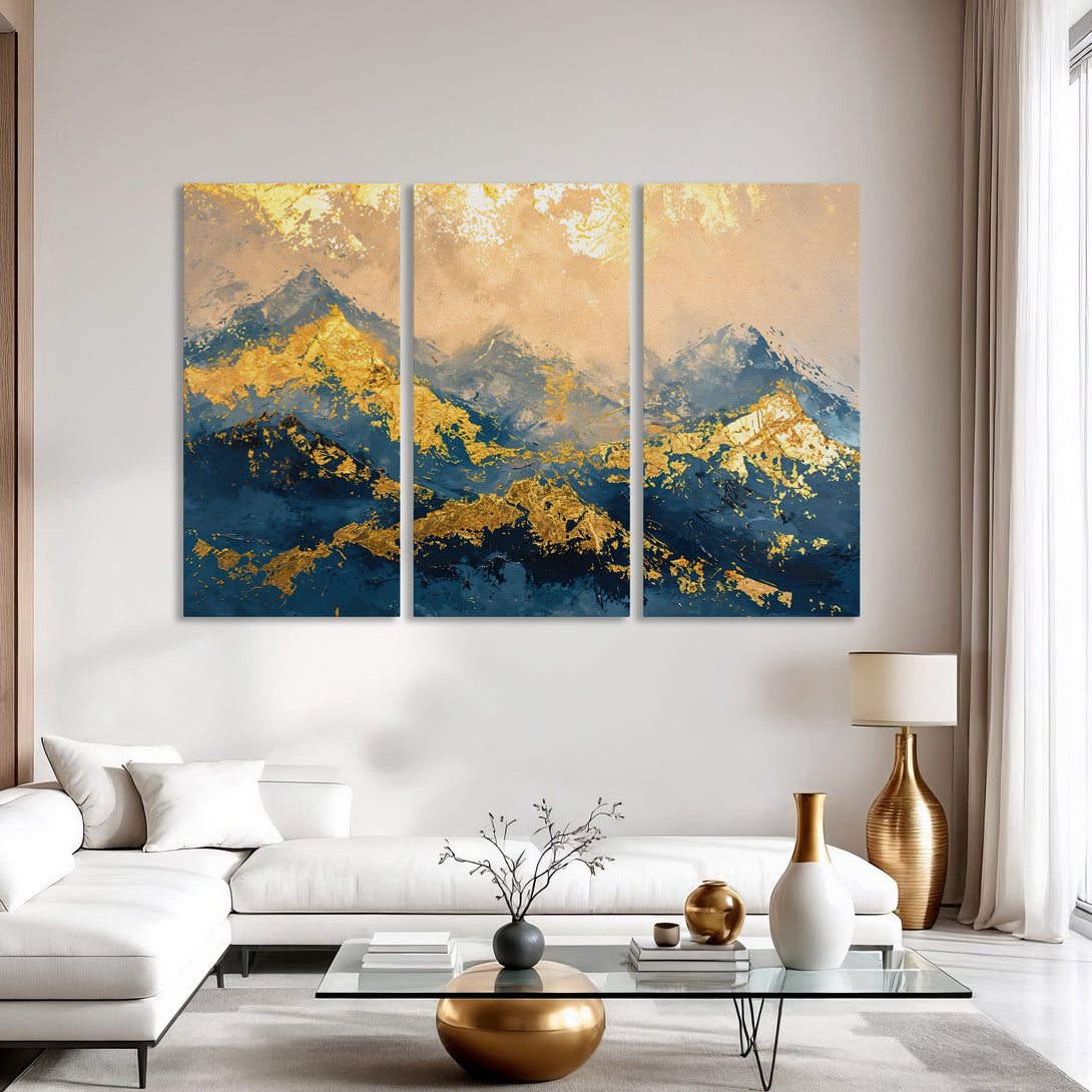 Abstract mountain Canvas Print in gold, navy, and beige. Modern art for home decor, perfect for living room or bedroom.