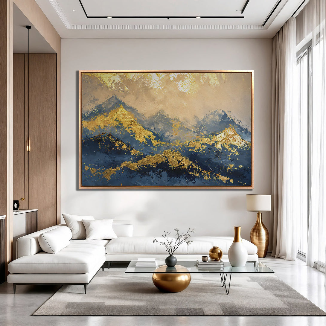 Framed Wall Art: Abstract mountain landscape in blue and gold tones. Elevate your space with this stunning, modern canvas print.