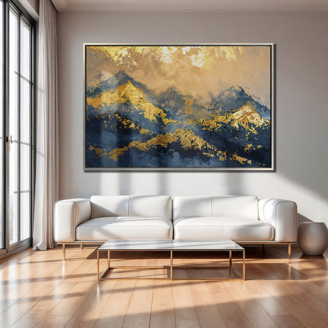 Framed Wall Art: Abstract mountain landscape in gold, navy, and beige. Modern art canvas print for a stylish living room.