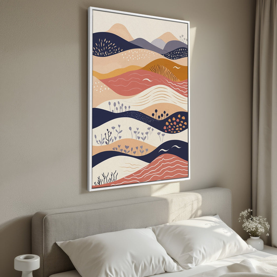 Framed Wall Art: Abstract landscape Canvas Print in warm earth tones. Modern art with a minimalist style, perfect for bedroom decor.