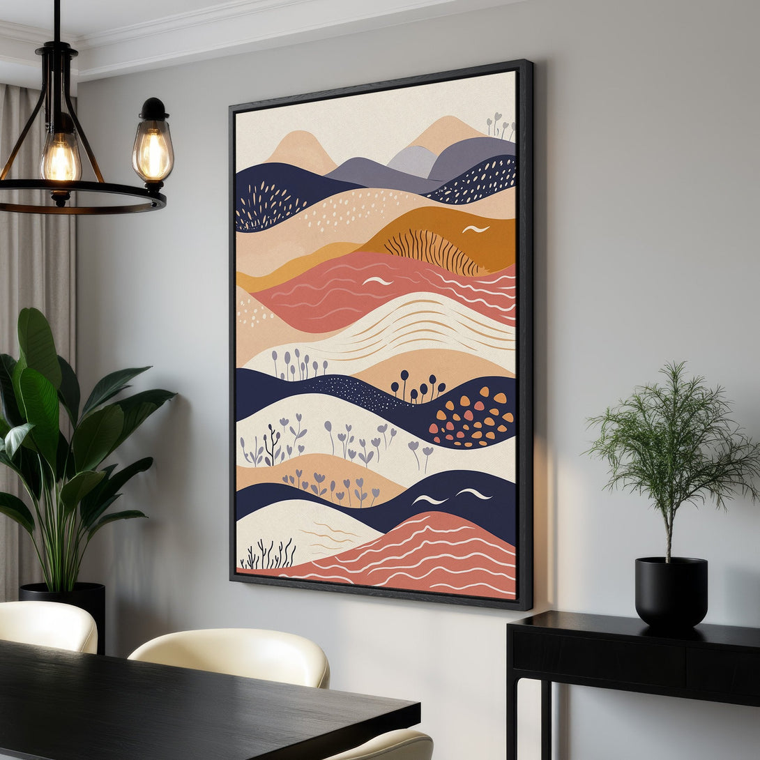 Framed Wall Art: Abstract landscape Canvas Print in warm, earthy tones. Modern art with a minimalist style and a calming color palette for your home decor.