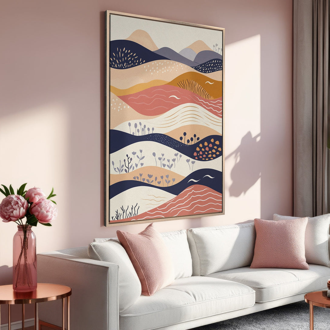 Framed Wall Art: Abstract landscape canvas print in a modern style with a warm, earthy color palette. Perfect for adding a touch of art to your home!