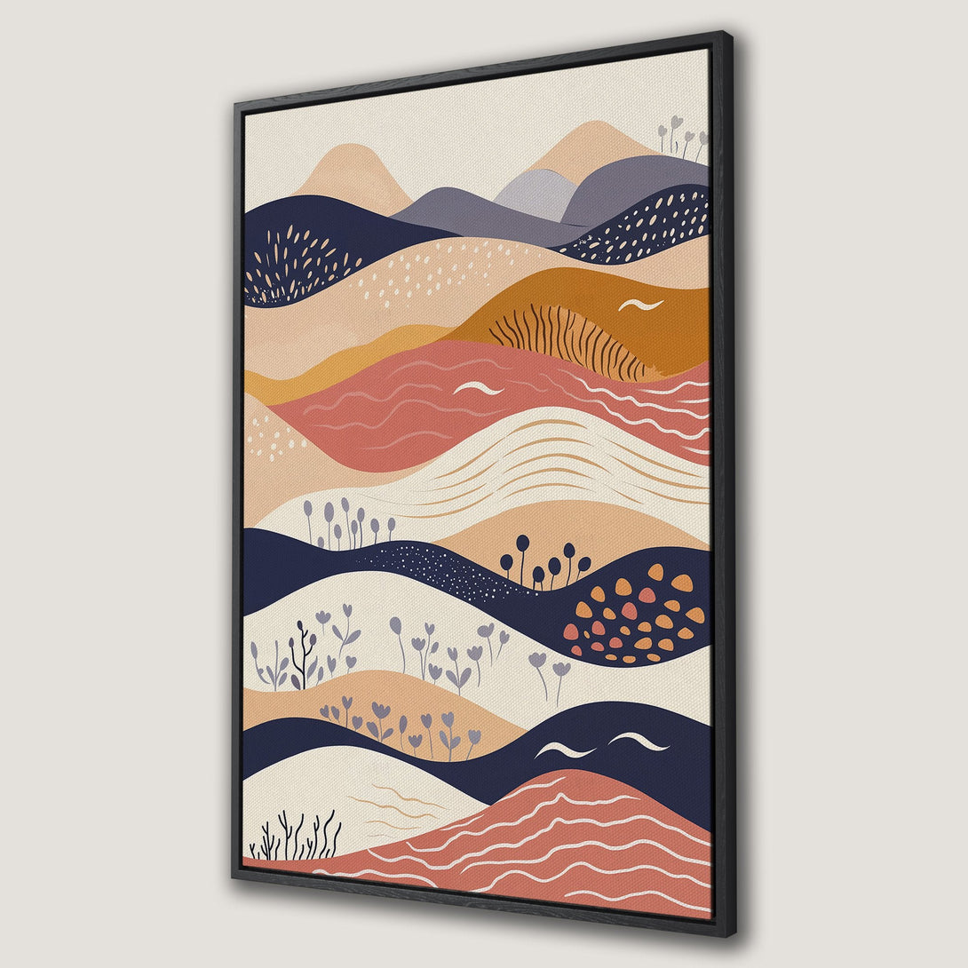 Framed Wall Art featuring an abstract landscape in a modern style. Earthy color palette with blues, oranges, and pinks. Perfect for adding a touch of nature to your space.