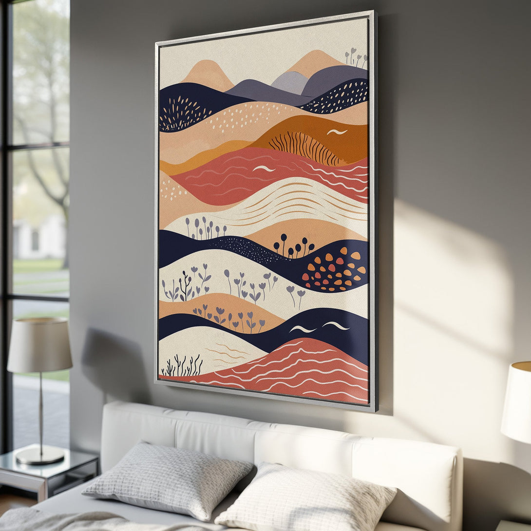 Framed Wall Art: Abstract landscape Canvas Print in warm earth tones. Modern art for home decor, featuring a minimalist style and calming color palette.