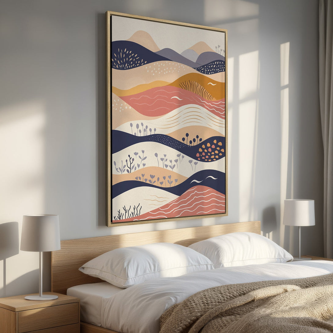 Framed Wall Art featuring an abstract landscape in warm, earthy tones. Modern art piece with a calming color palette, perfect for bedroom decor.