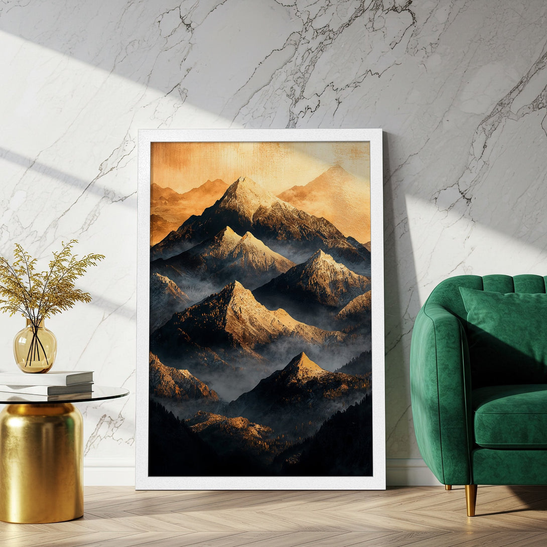Framed Poster featuring a stunning mountain landscape in warm tones, perfect for adding an artistic touch to any space.