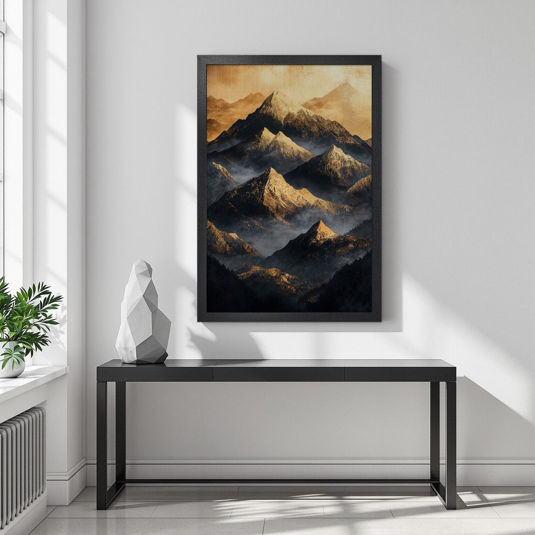 Framed Poster featuring a stunning mountain landscape in a warm, earthy color palette. Perfect for adding a touch of nature to your home.