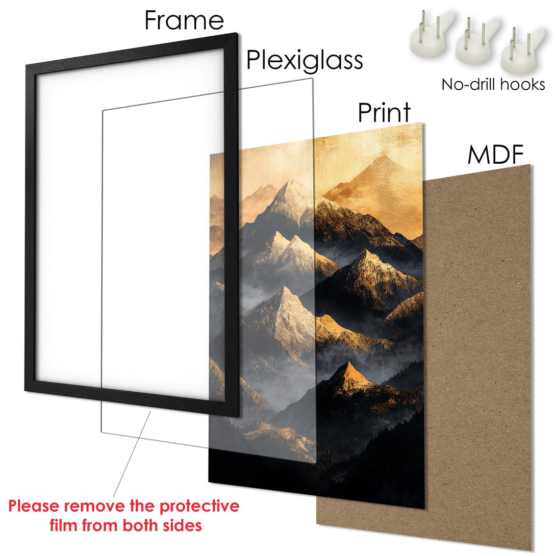 Framed Poster featuring a mountain landscape in warm tones. Perfect wall art for your home!