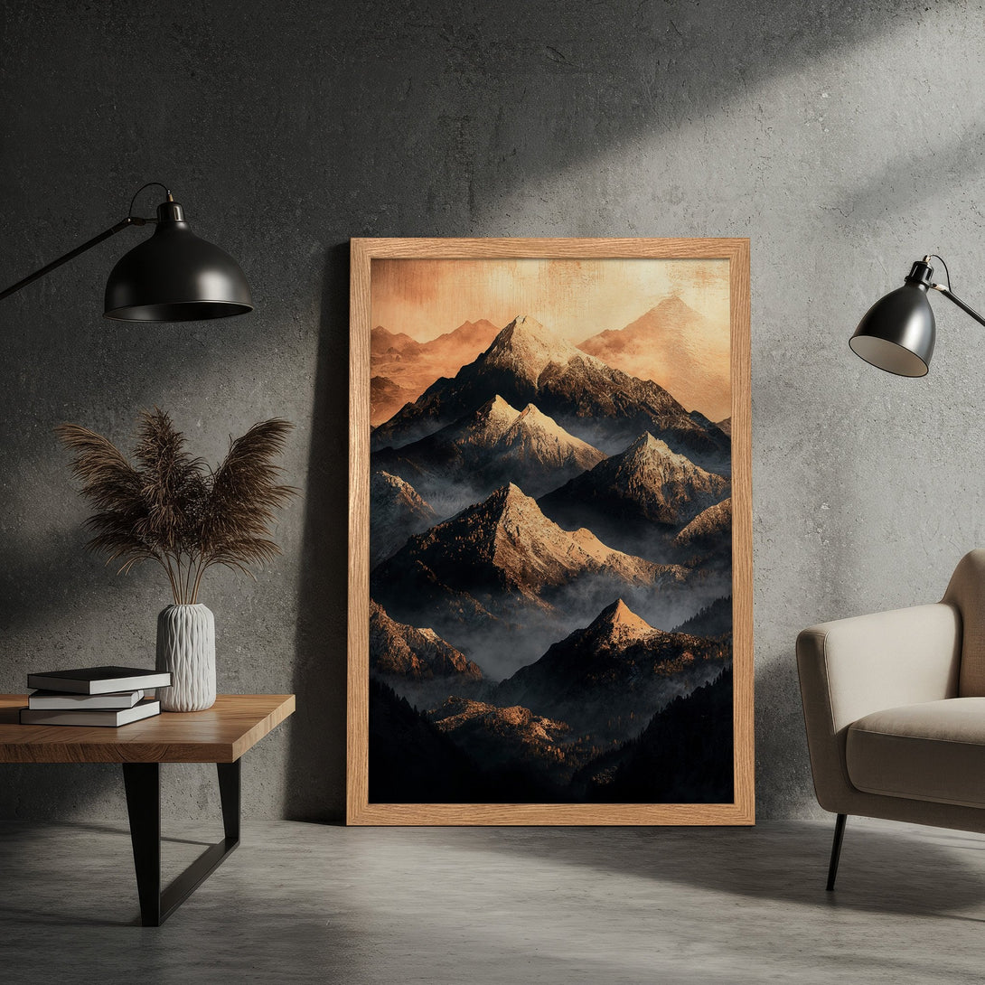 Framed Poster featuring a stunning mountain landscape art print. Earthy tones and a modern style perfect for home decor.