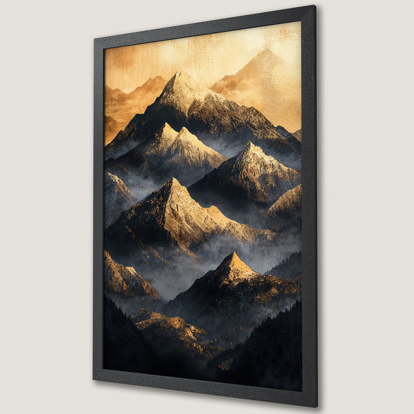 Framed Poster featuring a majestic mountain landscape in a warm, earthy color palette. Perfect art for any space!