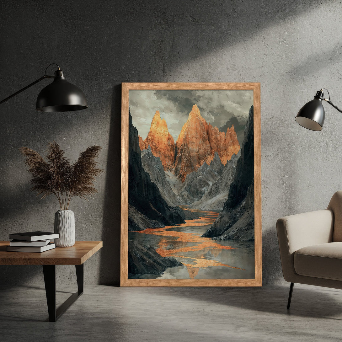 Framed Poster featuring a dramatic mountain landscape in a moody, muted color palette. Perfect wall art for any room.