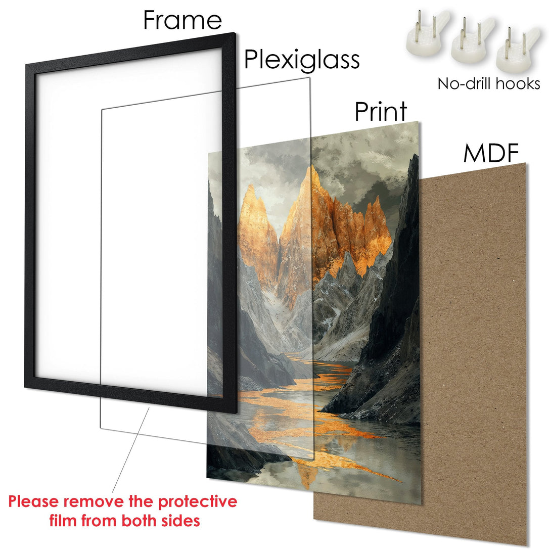 Framed Poster featuring a mountain landscape in a muted color palette. Add this stunning art print to your home decor!