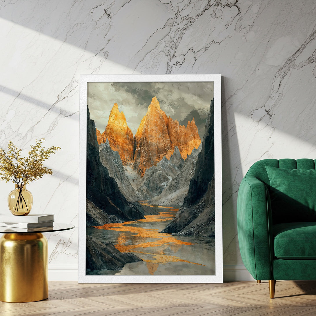 Framed Poster of majestic mountain landscape in gold and gray tones. Elevate your space with this stunning art print.