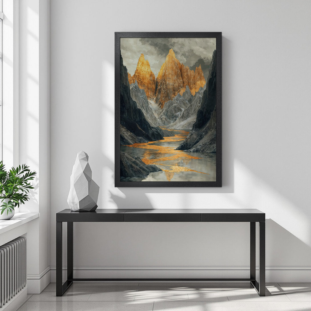 Framed Poster featuring majestic mountains with golden hues, gray and black tones. Elevate your space with this stunning landscape poster!