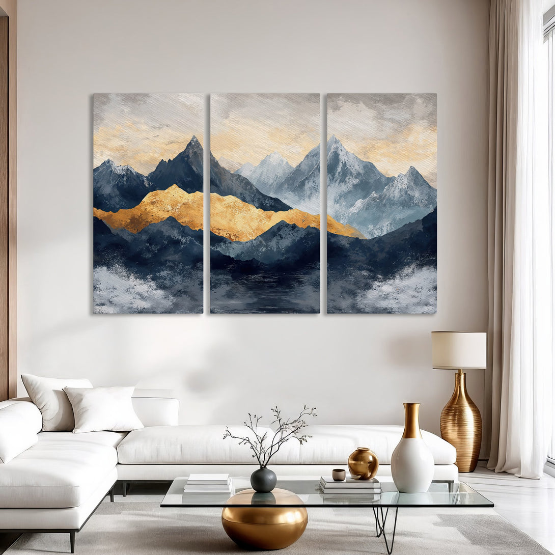 Abstract mountain Canvas Print in navy, gold, and gray tones. Modern wall art for a stylish interior.