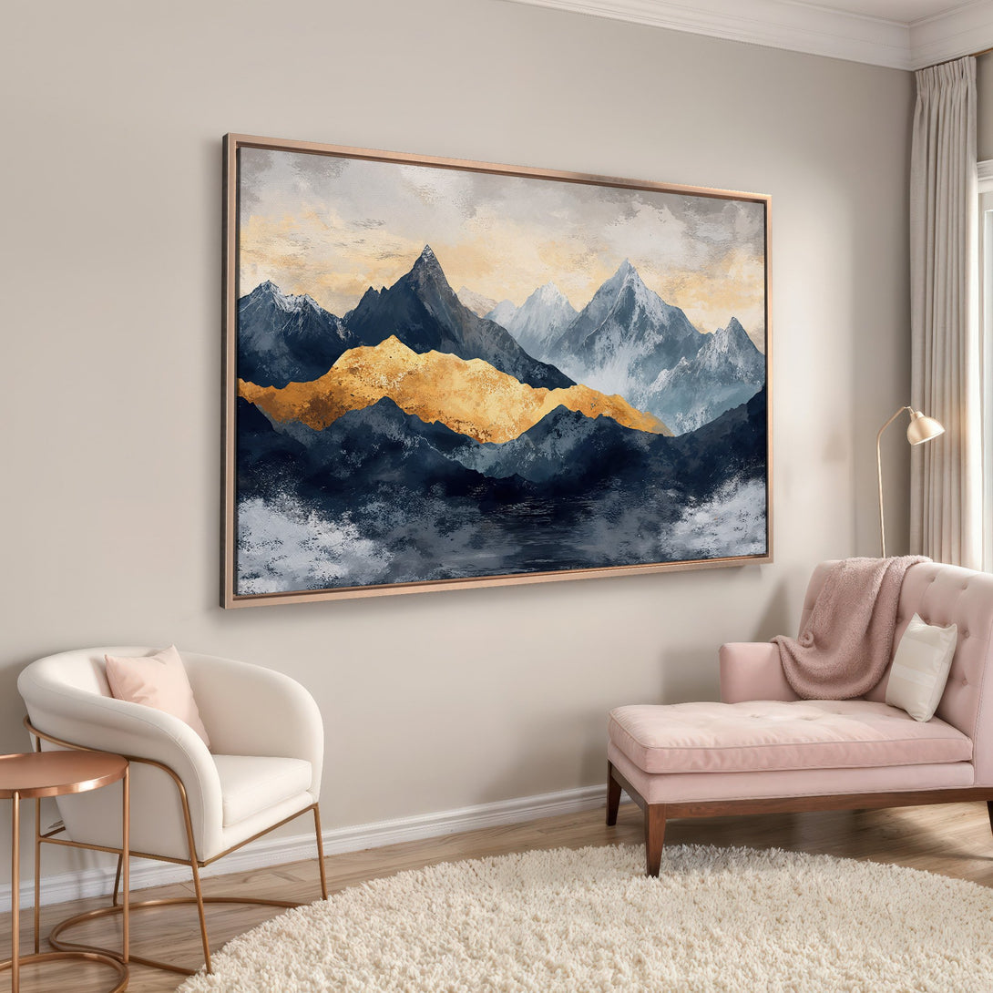 Framed Wall Art: Abstract mountain landscape canvas print in navy, gold, and gray. Modern art for living room decor, adding elegance and style.
