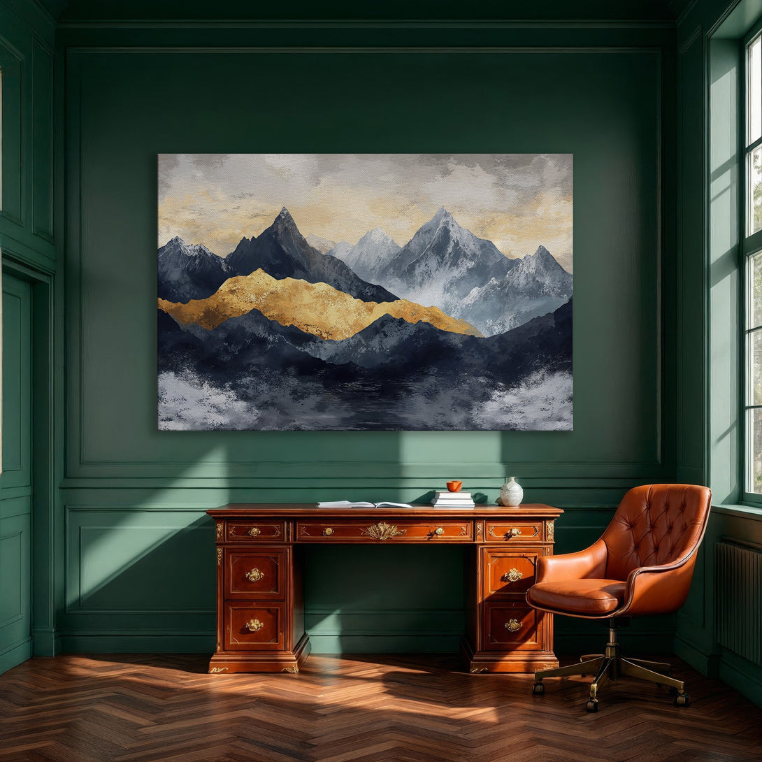 Framed Wall Art: Abstract mountain landscape Canvas Print in gold, navy, and neutral tones. Elevate your home decor with this stunning piece.