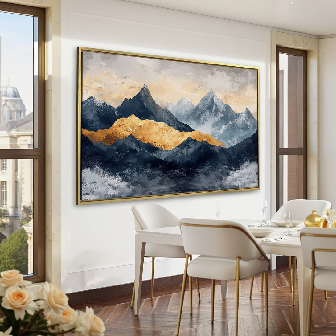 Canvas Print of majestic mountain landscape in gold, navy, and gray tones, perfect for adding a touch of elegance to your home decor.