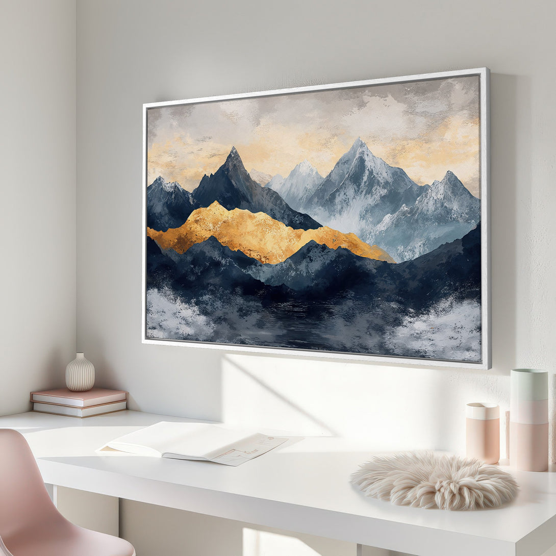 Framed Wall Art of mountain landscape in blue, gold, and gray tones. Modern abstract art perfect for any interior.