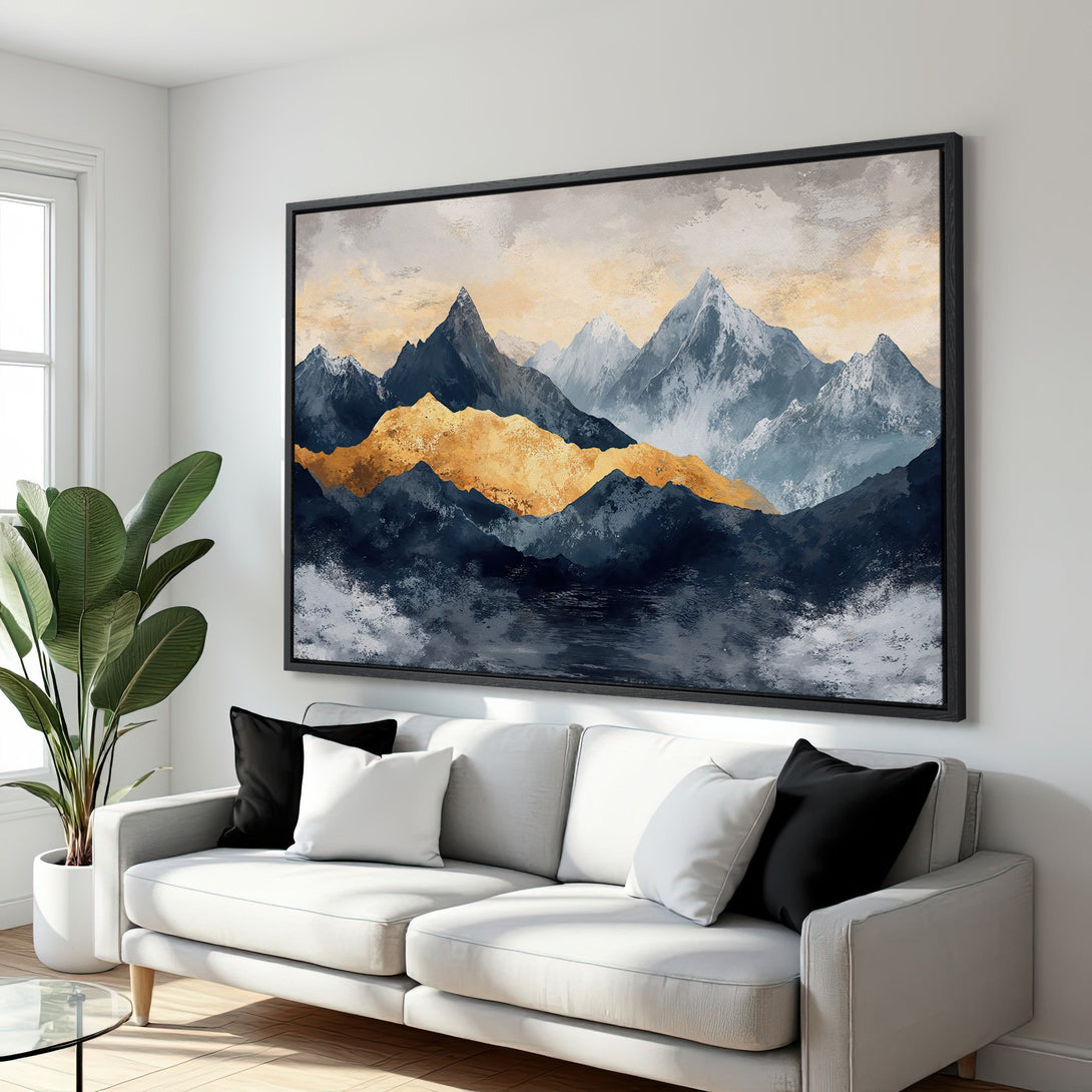 Framed Wall Art: Abstract mountain landscape Canvas Print in blue, gold, and gray tones. Elevate your space with this stunning artwork!
